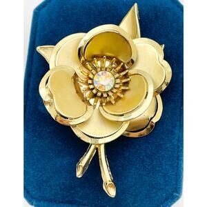 3D Floral Gold Tone Flower Brooch Rhinestone Ctr 3.25" Pin Glossy Matte Finish
